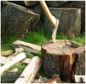 Bild eines Hackebeils vor einem Haufen mit Holzstmpfen